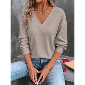 Chemise à manches longues en waffle à col en V pour femme, 38575 - Beige - Product Image 1