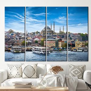 Quadro su tela con paesaggio marino di <span class=keywords><strong>Istanbul</strong></span>: Opera d'arte stampata con la Moschea Suleymaniye, 4P: con cornice a galleria - Product Image 1
