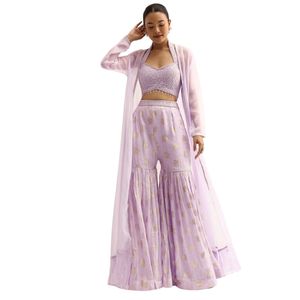 Top corto di seta viola con giacca e Sharara moderno Indo occidentale festivo e matrimonio abbigliamento per donne eleganti - Product Image 1