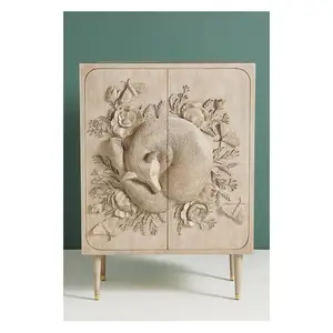 Hand Carved Land & Sky Bar Cabinet with Fox Design | Handmade Taupe Color Cabinet From Rajasthan, India