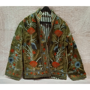 Chaqueta Suzani Verde Bordada a Mano con Diseño de Pato para Mujer, Estilo Bohemio, Gitano, Crewel, Regalo Especial de Invierno, Estilo Indio - Product Image 1