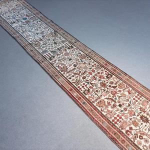 0.2x12 ft Runner Vintage Rug, Turkish Rug, <b>Brown</b> White Floral <b>Wool</b> Rug - Product Image 2
