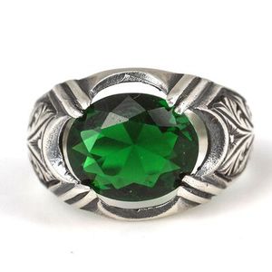925 Sterling <b>Silver</b> Men's Eternity <b>Ring</b> with Oval Cut Synthetic <b>Emerald</b> Trendy One Size Inlay Setting Gift - Product Image 4