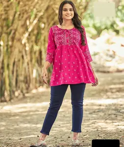 Ấn Độ thiết kế phụ nữ mặc sẵn sàng thực hiện Rayon kurtis với in làm việc ngắn kurtis cho mặc giản dị và mặc hàng ngày ngắn kurtis