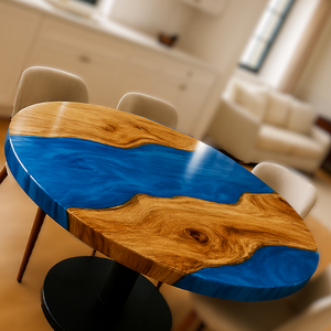 Table à manger/à café en bois d'acacia et résine moderne de luxe, fabriquée à la main, imperméable, cadeau de Diwali, résine époxy respectueuse de l'environnement - Product Image 5