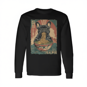 T-shirt promozionale a maniche lunghe con grafica giapponese Kawaii di Bulldog Francese e Ramen, stile Anime - Product Image 2