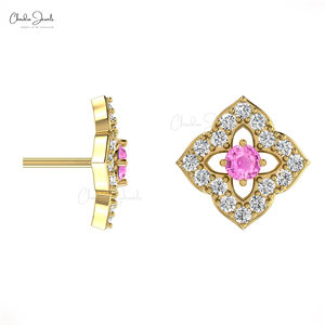 Boucles d'oreilles Femme Mode 2025 Saphir Rose Halo Diamant Stud Or Massif 14k Rond 2mm Gemstone Floral Studs Direct Factory Price - Product Image 6