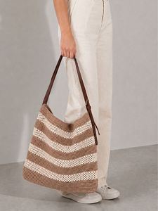 Bolso de hombro tejido para mujer con correa de cuero, bolso tote de punto elegante e informal, bolso de ganchillo a la moda - Product Image 2