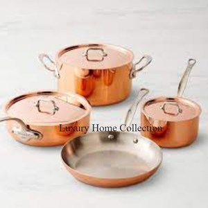 Ensemble de 4 casseroles artisanales en cuivre 100% avec poignées et couvercle en acier inoxydable, articles de cuisine pour table - Product Image 1
