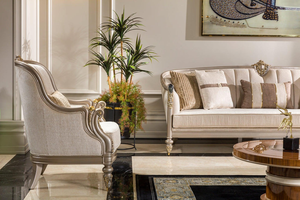 Royal Antique <b>High</b> <b>Back</b> <b>Armchair</b> Luxury Gold Leaf Carved Solid Wood Accent Chair with Premium Tufted Marble Texture Fabric - Product Image 3