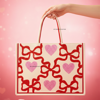 Modevolle Valentijnsdag Hart Vormige Strik Geborduurde Canvas Tote Bag Trendy Handgemaakte Geborduurde Cadeau Shopper voor Dames Uitjes Feestdagen