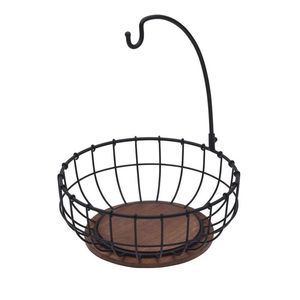 Corbeille à fruits moderne en métal noir à deux niveaux avec base en bois pour un rangement élégant sur le comptoir de cuisine - Product Image 6