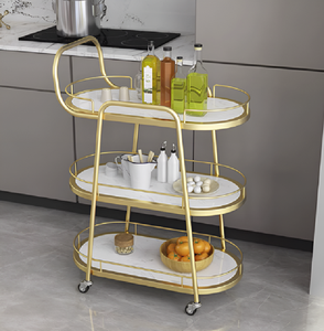 Carrito de Servicio de Tres Niveles de Metal Dorado y Vidrio Negro, Pieza Elegante, Disponible a Precios de Mayoreo. - Product Image 4