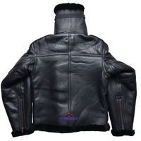 Blazer d'aviateur vintage FiveStar pour homme, en peau de mouton noire imperméable avec bordure en fourrure longue, col montant, vêtement d'extérieur d'hiver