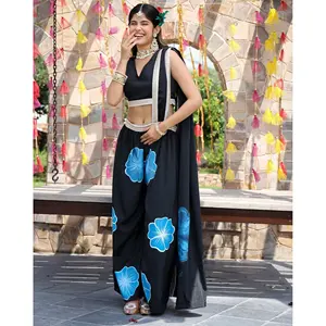 Robe de soirée en soie satinée noire peinte à la main afghane ASIN, élégante combinaison de sari et de pantalon, note 5.0 - Product Image 1