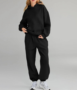 Conjunto Deportivo Informal de Invierno, Color Sólido, Sudadera con Capucha y Pantalones Largos, Diseño Holgado, 2 Piezas, Venta al Por Mayor - Product Image 4