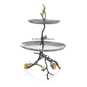 Couleur bleue et feuilles plaquées or Designer support de gâteau en métal de haute qualité à 3 niveaux pour les fêtes de mariage et d'anniversaire - Product Image 2