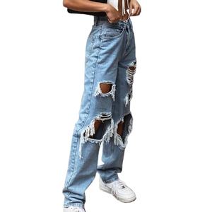 Jean en denim uni pour homme, taille mi-haute, coupe droite, déchiré, avec fermeture éclair aux chevilles, pantalon crayon tendance, décontracté, séchage rapide - Product Image 4