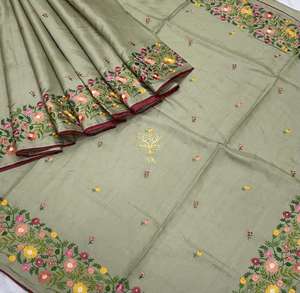 Women's 100% Handloom Pure Tussar Munga Silk Saree Handwoven Embroidered Summer Premium Artisanal <b>Fabric</b> India Hand Drawn - Product Image 3