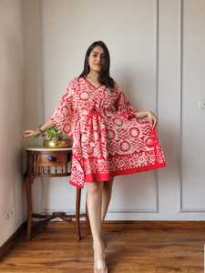 Vestido Kaftan Corto de Algodón Hecho a Medida, Estampado Floral, Corte Holgado, Cintura Natural, Largo Mini para Verano, Cuello en V, Cordón Ajustable para Boutique - Product Image 2