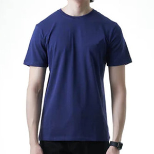 Camiseta deportiva con cuello redondo y logotipo personalizado, camiseta en blanco, de manga corta Camiseta de algodón, camisetas de cuello redondo sólido azul marino - Product Image 3