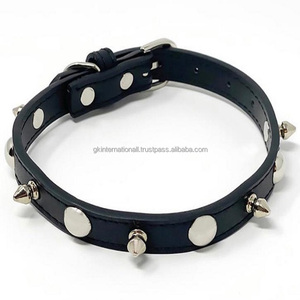 Collar de cuero grueso para perro, doble capa, con pinchos de cuero negro, con hebilla chapada en níquel y anillo D - Product Image 5