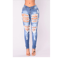 Celana Panjang Wanita Model Kasual Kancing Solid Ukuran Besar Warna Biru Denim Belah Model Skinny Pinggang Tinggi Bahan Bernapas Distressed