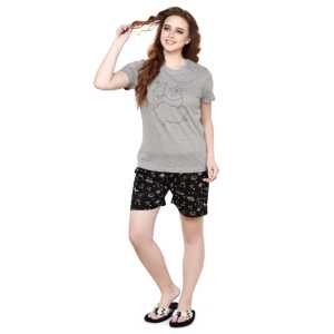 Ensemble short et haut décontracté pour femme Evolve, col rond, imprimé galaxie, gris ricin et noir, en tissu doux - Product Image 1