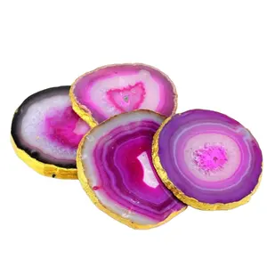 Wholesale Natural Pink Agate Coasters With Gold Plating Agate Coasters Slices export from india