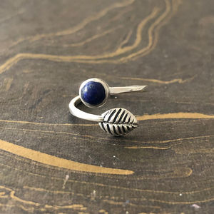 Adjustable 2.6 Grams Lapis Leaf <b>Ring</b> Gold Plated Stainless Steel <b>Opening</b> <b>Ring</b> Fashionable Trendy Bezel Setting Inlay 18K Plating - Product Image 1