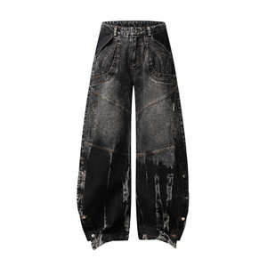 Distressed Ripped Canvas <b>Jeans</b> for <b>Men</b>-Breathable Eco-Friendly <b>Drawstring</b> Closure Mid Waist Stone Wash Wide Leg Straight Pants - Product Image 1