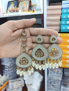 Ensemble de colliers Kundan vintage, bijoux indiens, ensemble de mariage perlé avec perle, motif cloche, boucles d'oreilles, mode en gros - Product Image 3