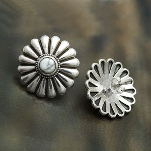 Minimalist <b>Flower</b> Design White Turquoise Round Bezel Set 925 Sterling Silver Precious Gemstone Stud Earring Jewelry for Women - Product Image 3