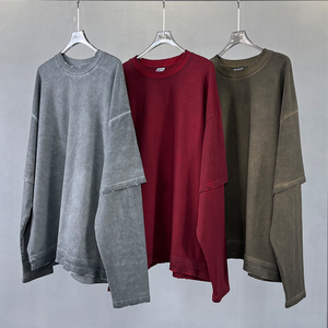 Streetwear personnalisé sérigraphie lavé usé à manches longues double couche T-shirt hommes semblables deux pièces T-shirt pour hommes - Product Image 2