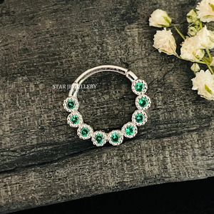 14K Solid <b>Gold</b> Bezel Set Miligrain CZ Green Diamond Daith Piercing Fine Jewelry. - Product Image 5