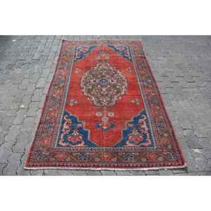 Alfombra Turca Vintage, Alfombra de 4.2x7.3 pies, Alfombra Floral Roja y Azul - Product Image 1