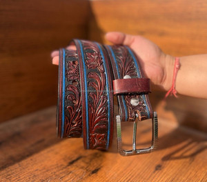 El más vendido, cinturón floral occidental de cuero labrado a mano a la moda de vaquero para hombre, cinturones de cuero genuino marrón Premium tallados a mano - Product Image 6