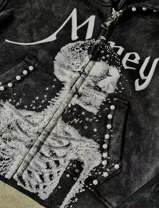 Conjunto Deportivo Personalizado para Hombre, Estilo Vintage Americano, con Remaches, Pedrería y Perlas, Ropa Urbana Esencial, Tejido Grueso, 100% Algodón Transpirable - Product Image 4