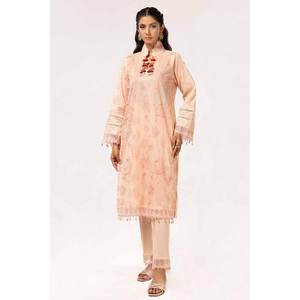 Ensemble 2 pièces orange non cousu pour femme, brodé, en tissu lawn, avec col mandarin, imprimé floral, coupe ample - Product Image 3