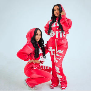 Distress Patch Rhinestone Tracksuit Sweat Suits <b>Sweatpants</b> and Hoodie Set Acid Wash Leg Pants Cropped Sweatsuit Set <b>Women</b> - Product Image 1
