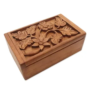 Joyero de madera grabado a mano de lujo con diseño de hoja de árbol de estilo Vintage tallado completo logotipo personalizado decoración del hogar caja de baratija - Product Image 2