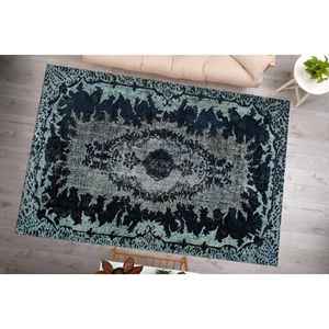 พรมขนสัตว์สีน้ำเงินลายปะติดปะต่อ สไตล์เปอร์เซียแบบดั้งเดิม ตกแต่งแบบตุรกี เป็นมิตรกับสิ่งแวดล้อม พิมพ์ลายและมีแผ่นรองยางลาเท็กซ์ - Product Image 2