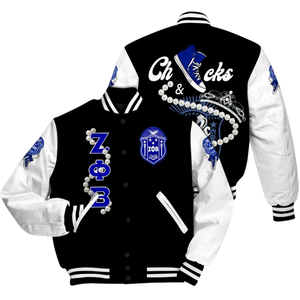 Zeta Phi เสื้อแจ็กเก็ตทีมสโมสร Zpb 1920 zpb ตัวอักษรสีฟ้าผ้ากำมะหยี่สีขาวชุดผู้ก่อตั้งชีวิตชาวกรีก - Product Image 3