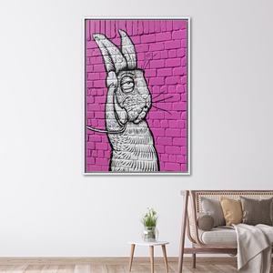 ผ้าใบพิมพ์ลายสมัยใหม่: งานศิลปะกระต่ายสีขาวสำหรับตกแต่งห้องนอนอย่างหรูหรา พร้อมกรอบสีขาว - Product Image 1