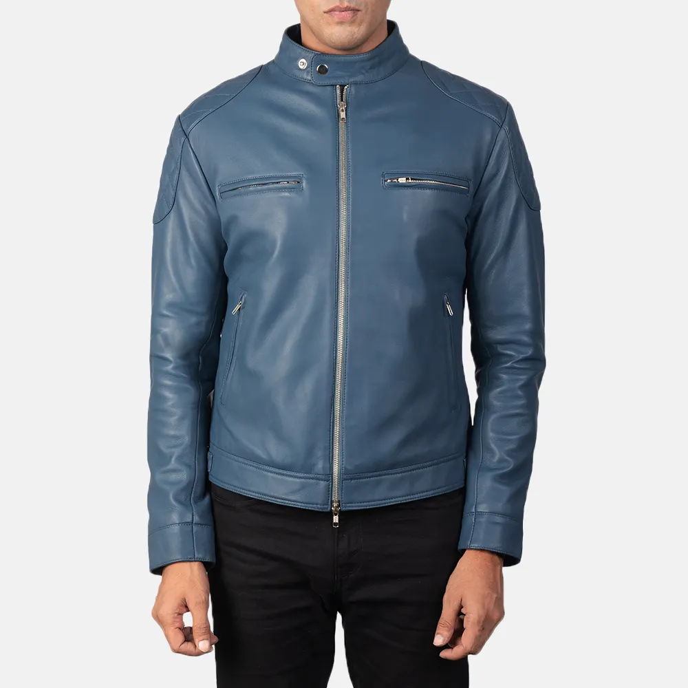 Real Leather Sheepskin Aniline Zipper Gatsby Blue Men Biker Jacket with Quilted Viscose Lining and Inside Outside Pockets