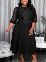 ADR060218 Robe pour femmes grande taille, transparente, à manches mi-longues, avec appliques en dentelle, plissée, patchwork, coupe trapèze