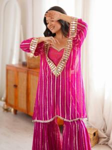 Designer Real <b>Mirror</b> Work <b>Gold</b> Zari Top With <b>Gold</b> Zari Sharara Bottom Fully Stitched Ready To Wear Set - Product Image 3