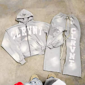 ชุดเซ็ตเสื้อฮู้ดดี้และกางเกงวอร์มผู้ชายผ้าเฟรนช์เทอร์รี่ทรงหลวม ลวดลายปักแบบดิสเทรส สไตล์วินเทจ ล้างสีแบบแอซิดวอช - Product Image 4