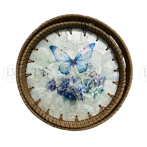 Handwoven Rattan Tray with Mother of Pearl Inlay Natural Woven <b>Butterfly</b> Serving Tray for Home Decor <b>Tea</b> Coffee Table Display - Product Image 2