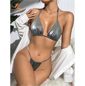 Bikini de dos piezas con estilo brillante de color plateado brillante, ropa de playa, traje de baño triangular, traje de baño con Tanga para mujer - Product Image 6